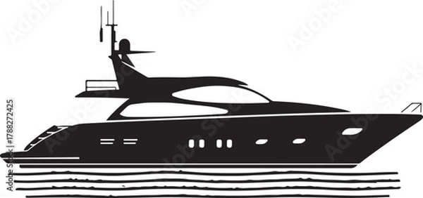 Fototapeta Luxury Yacht Black and White Illustration,
Modern Motorboat Vector on Water,
Elegant Yacht Silhouette Reflection Design