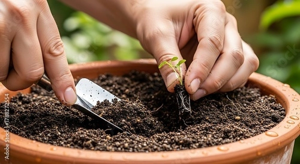 Obraz Gentle hands transplanting a seedling in flowerpot with fresh potting soil