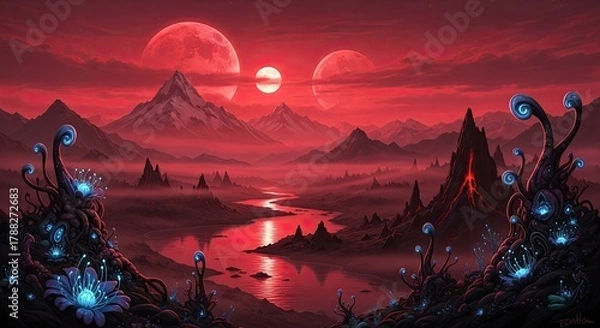 Fototapeta Alien Red Planet Landscape with Twin Moons and Bioluminescent Flora