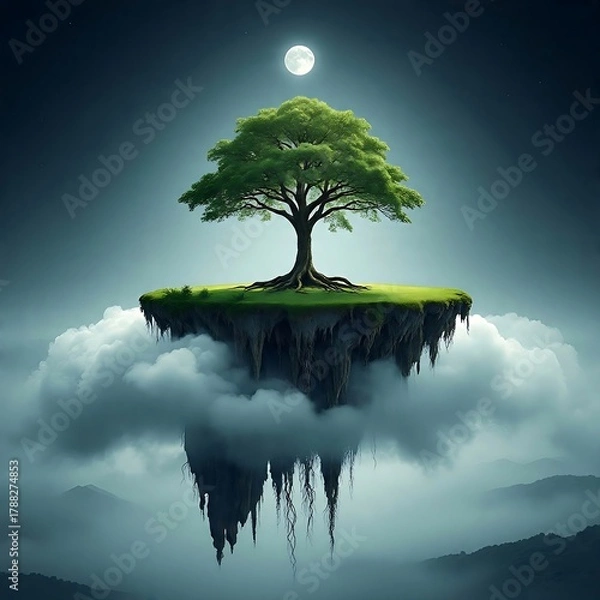 Fototapeta tree, sky, nature, landscape, sun, green, night, sunset, blue, illustration, silhouette, grass, abstract, spring, water, clouds, summer, sunrise, moon, vector, lonely, horizon, environment, cloud, sce