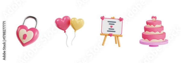 Obraz 3D Wedding Celebration Icon Set with Cake and Balloons