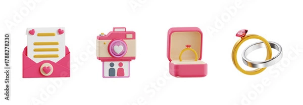 Obraz 3D Wedding and Engagement Ring Icon Set