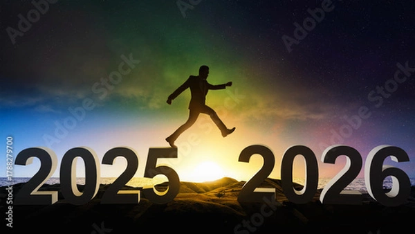 Fototapeta Silhouette of a businessman jumping over 2025 and 2026 with a sunny sky background. Happy New Year concept or Celebration