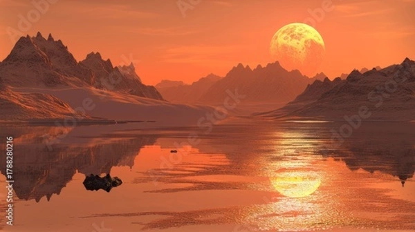 Fototapeta Alien planet landscape with a large moon at sunset. Extraterrestrial world with mountains and water reflection. Science fiction fantasy background