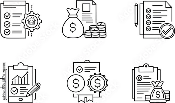 Fototapeta Business icon set, financial planning, investment management, budget analysis, audit checklist, money bag, coins, document, clipboard, certification, approval