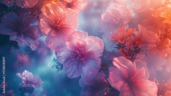 Fototapeta Magical spring flowers glowing in ethereal light. Dreamy floral background with pink and purple blossoms. Abstract fantasy nature art