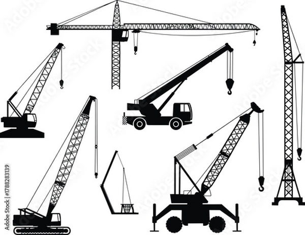 Fototapeta Construction cranes silhouette set, tower crane, crawler crane, mobile crane, industrial lifting equipment, heavy machinery, engineering, infrastructure, barge crane