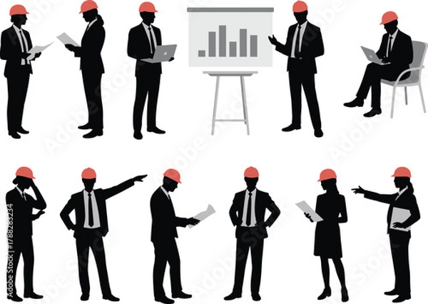 Fototapeta Business professionals in safety helmets, teamwork, engineering management, workplace safety, industrial planning, corporate site visit, construction consultants, project discussion, formal attire