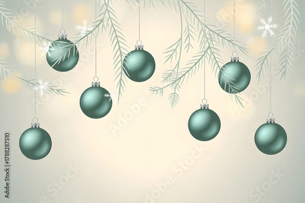 Fototapeta Minimalist Christmas Background with Hanging Green Ornaments and Snowflakes
