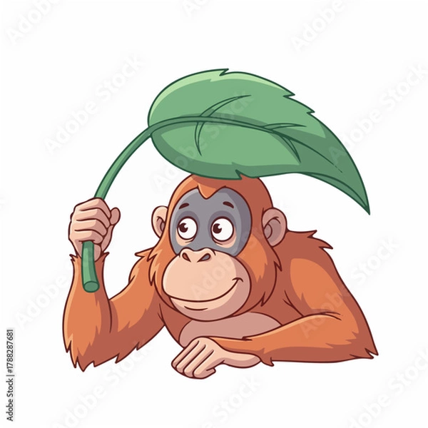 Obraz Orangutan Holding Leaf Like Umbrella