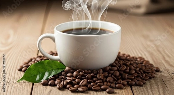 Fototapeta Steaming Hot Coffee Cup Surrounded by Roasted Beans and Green Leaf