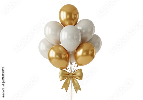 Fototapeta Elegant bunch of gold and white balloons with a bow isolated on transparent background