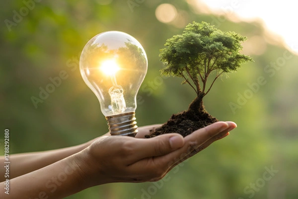 Obraz Palm up with luminous bulb terrarium and sun star