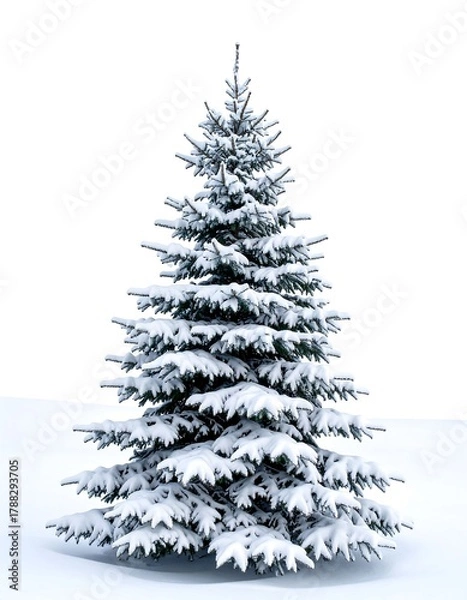 Fototapeta A beautiful snow-covered pine tree stands tall in a winter wonderland, showcasing the serene beauty of a frosty landscape