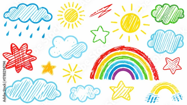 Fototapeta Colorful children's drawing of weather elements with sun, clouds, rainbow, and stars evokes a cheerful, playful, and imaginative mood for youthful designs