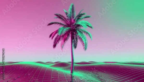 Fototapeta Retro Vaporwave Palm Tree A Neon Summer Vibe in Synthwave Style with Pink and Green Hues for a Cool, Aesthetic Look