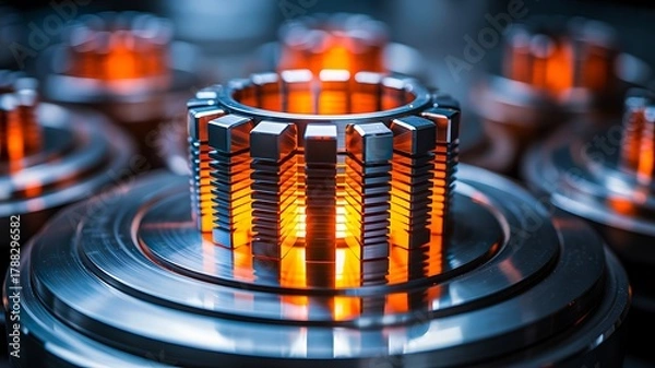 Fototapeta High-tech glowing mechanical part with metallic engineering details and illuminated center 
