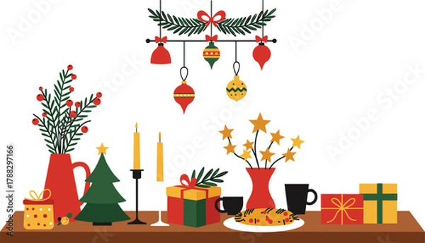 Fototapeta Christmas table decoration illustration, festive holiday elements, gift boxes, candles, ornaments, Santa face, seasonal vector design, cad sketch style