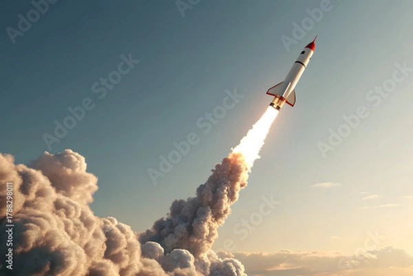 Obraz Small rocket launching with thick cloud trail