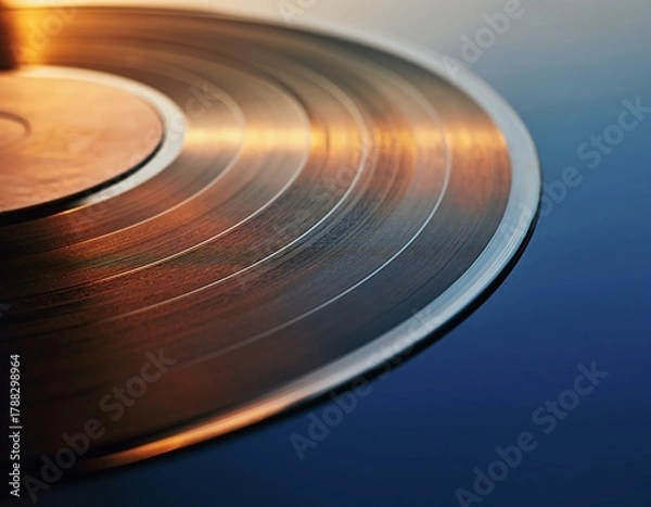 Fototapeta Atmospheric close-up of a classic vinyl record with warm golden light reflecting on the grooves against a cool blue gradient background, evoking a sense of nostalgia for vintage music and retro audio