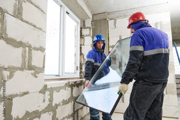 Fototapeta windows installation. Two construction workers installing glass