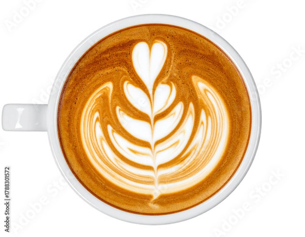 Fototapeta Latte Art Cappuccino in White Ceramic Cup, Top View, Isolated on Transparent Background