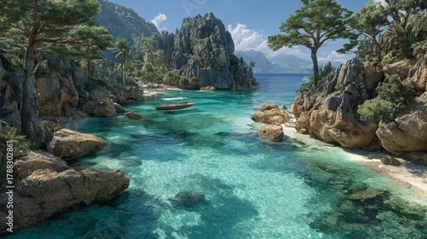 Fototapeta Tropical Island Paradise Crystal Clear Turquoise Waters And Lush Greenery