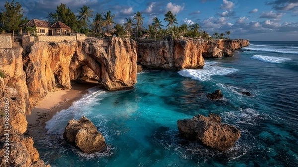 Fototapeta Tropical Coastline Cliffs Ocean Waves and Sandy Beach