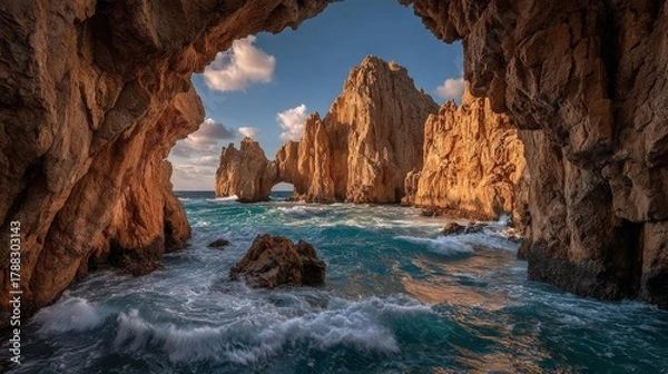 Fototapeta Dramatic Rocky Arch Formations Kissed By Ocean Waves And Sunlight