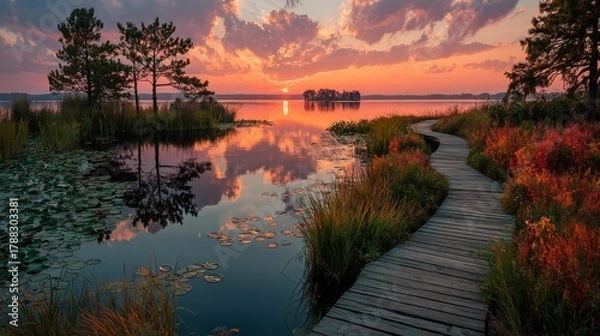 Fototapeta Serene Lakeside Path During Vibrant Sunset Reflection