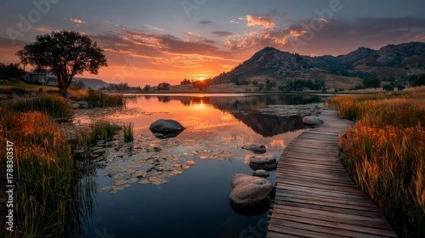 Fototapeta Golden Hour Reflection Over Calm Lake and Mountains