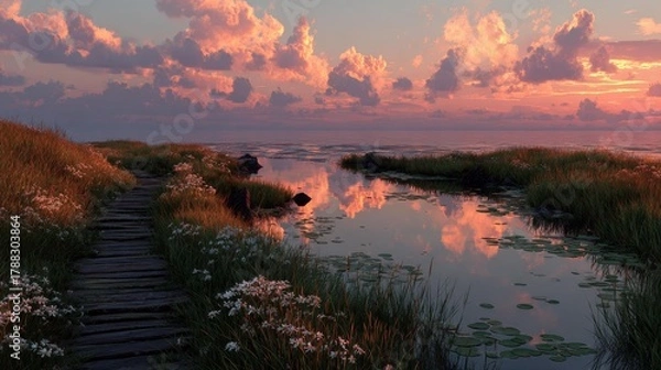Fototapeta Tranquil Waterside Path Amidst Golden Hour Clouds