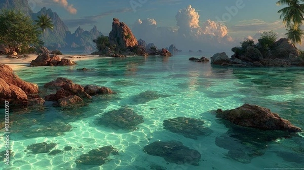 Fototapeta Tranquil Tropical Island Beach Paradise with Crystal Clear Azure Waters