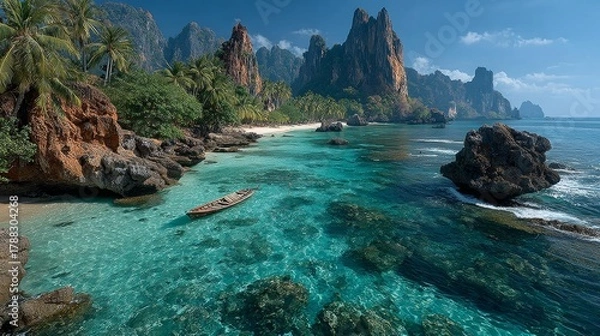 Fototapeta Tropical Paradise Island With Clear Turquoise Ocean Water and Lush Green Mountains