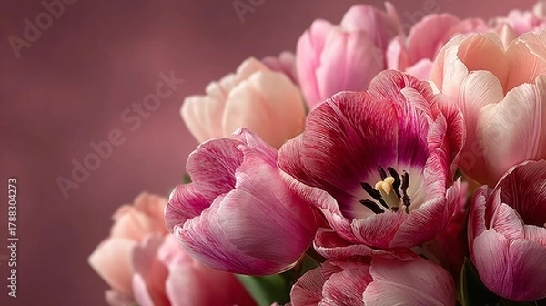 Fototapeta Beautiful Pink Tulip Flowers Dew Drops Soft Background