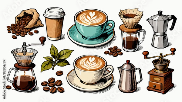 Obraz A variety of coffee collections, cartoon hand-drawn vector illustrations, lattes, Americano, mocha, Italian coffee, coffee beans, coffee powder, latte art coffee, coffee POTS