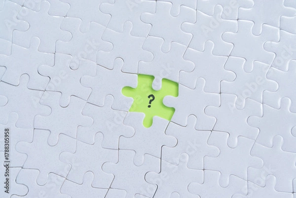 Obraz Missing one jigsaw puzzle with question mark symbol