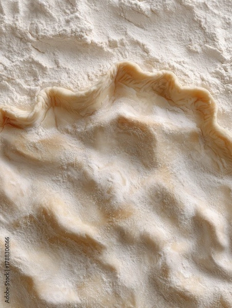 Fototapeta Close-up of flour and dough on a wooden surface, ideal for baking and cooking. The image captures the texture and preparation process in a kitchen setting.