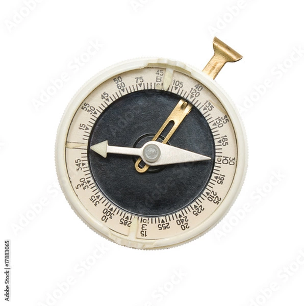 Obraz Old compass top view isolated over white