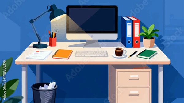 Obraz Business desk collection, cartoon hand-drawn vector illustrations, business work scenarios: computers, chairs, documents, stationery, desks