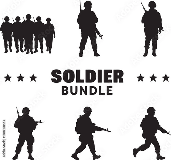 Obraz Soldier Silhouette Bundle Vector Collection
Military Soldier Silhouettes with Rifles and Gear
Army Troops Silhouette Set for Graphic Design