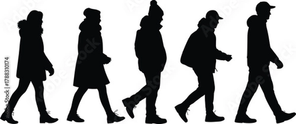Obraz Silhouette of people walking in winter clothes isolated on white background, men and women urban pedestrians vector illustration for design and fashion