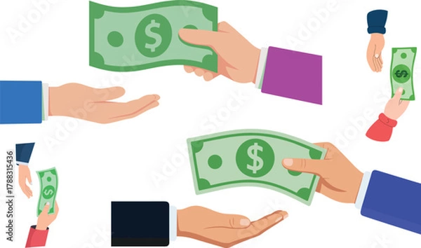 Obraz Two hands exchanging money, giving cash payment illustration, financial transaction concept showing business payment, lending, donation, or salary exchange