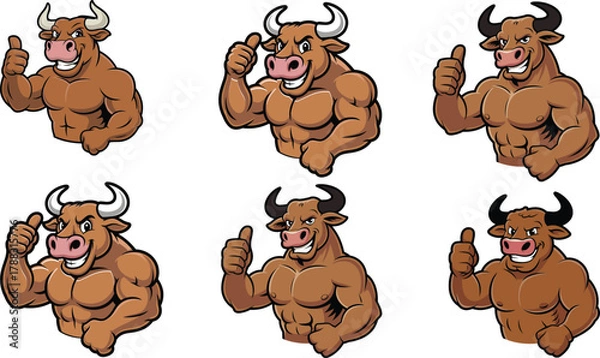 Obraz Strong muscular bull cartoon mascot showing thumbs up, powerful animal character illustration symbolizing strength, confidence, motivation and determination