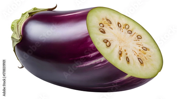 Obraz Fresh purple eggplant cut in half isolated on transparent background