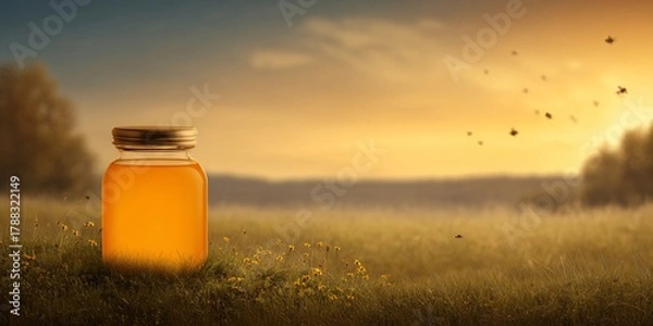 Fototapeta Harvesting sweetness honey jar at sunset in a serene field nature's beauty tranquil environment