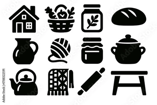 Obraz Rustic Homestead Icons. Homestead Vibes silhouette icon set: cottage house, vegetable basket, herbal jar, loaf of bread, milk jug, wool yarn, jam jar, ceramic pot, stove kettle,