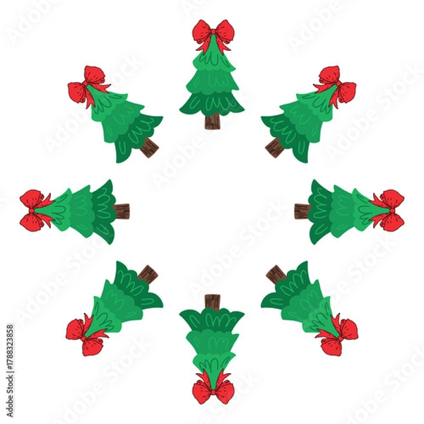 Fototapeta Circular arrangement of Christmas trees with red bows, creating a festive wreath or frame. Decorative vector for holiday cards, invitations, party décor, New Year, and seasonal design.