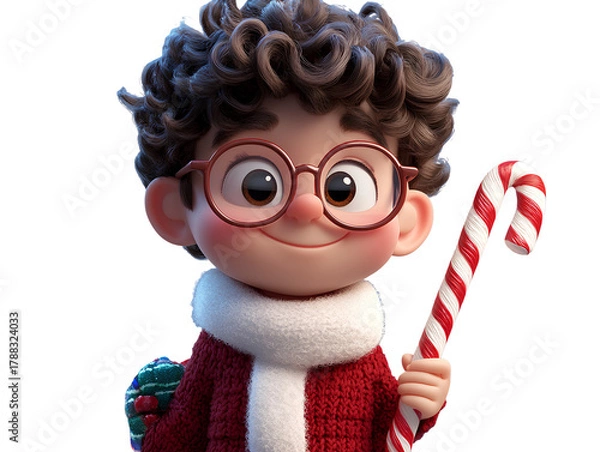 Obraz Cute Boy Character with Candy Cane and Winter Outfit Illustration Render Transparent Background