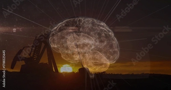 Obraz Glowing wireframe brain hologram hovering over plains near horizon aligned with sunset and pumpjack